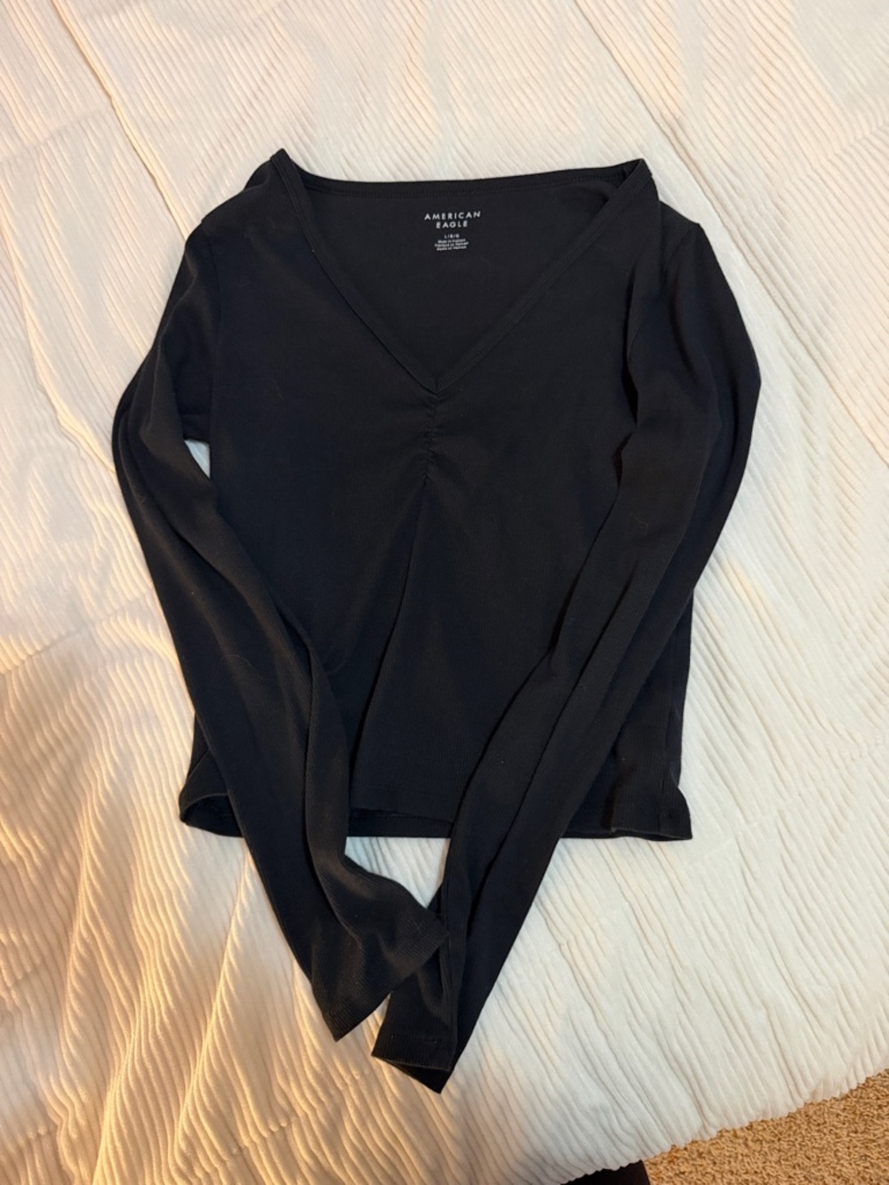 American Eagle Outfitters Black V-Neck Long Sleeve Top with Gathered Front